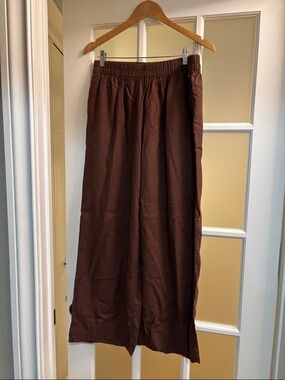 Brown Wide-Leg Linen-Blend Pants